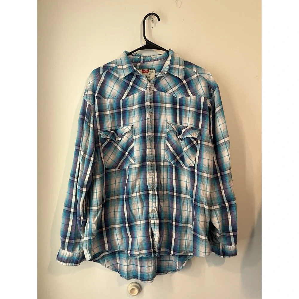 Levis Vintage 90s Y2k Distressed Plaid Pearl Snap Button Down Womans‎ Large Blue